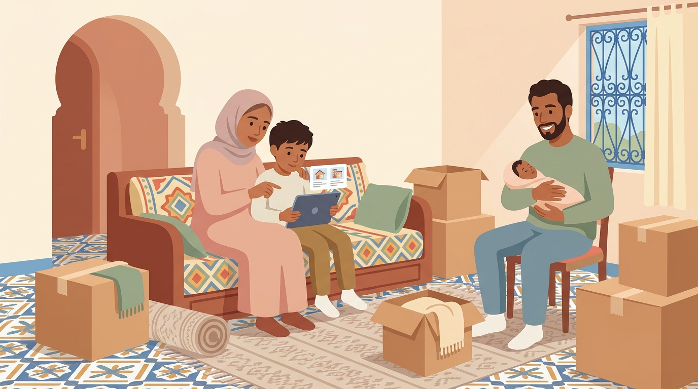 Leo et sa maman regardent des annonces sur une tablette ; le papa berce le bébé au milieu des cartons